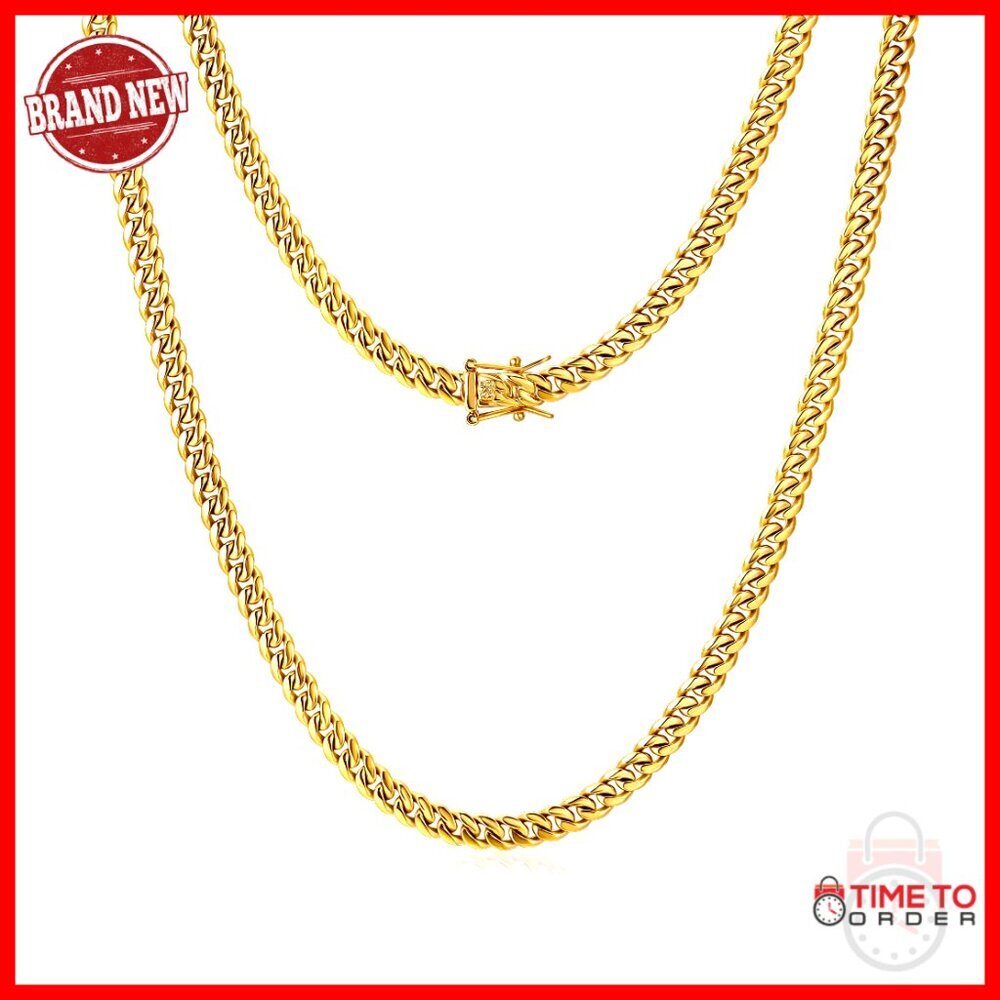 6mm Cuban Link Chain Necklace 22in Stainless Steel Gold Plated Lobster Clasp
